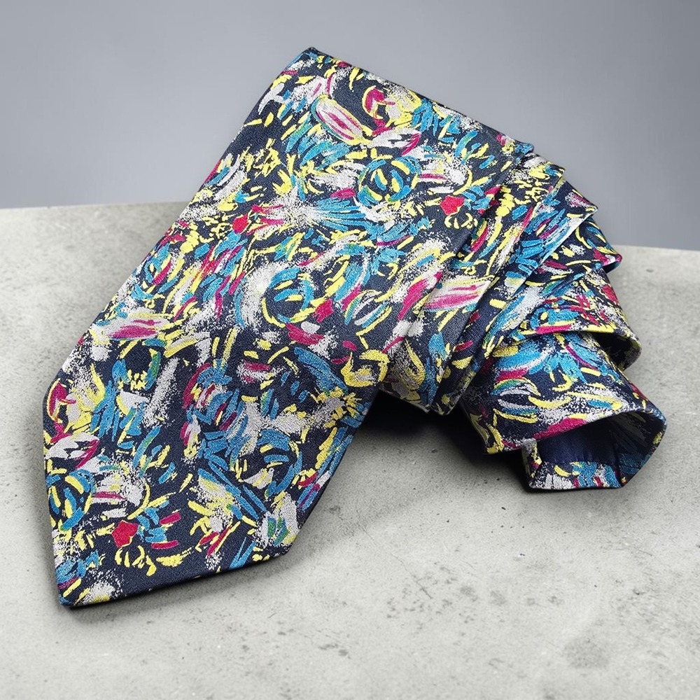 Bernini Mens Silk Tie Navy Blue Abstract Multi Color Gold Chain 59L 3.75W